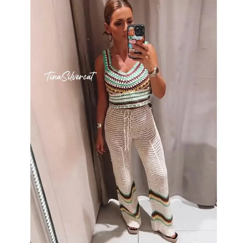 BLOGGER'S FAVE! Zara 2 Piece Co-Ord Crochet Pants And Crochet Top Set NWT